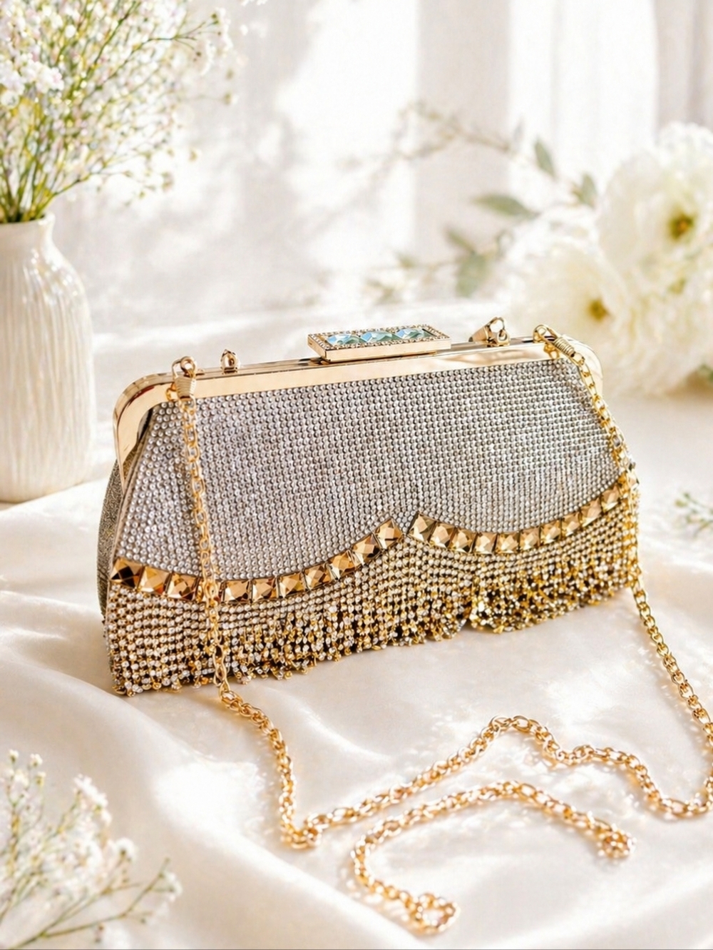 Gold Rhinestone Fringe Evening Clutch Bag Crystal Tassel Wedding Party Handbag